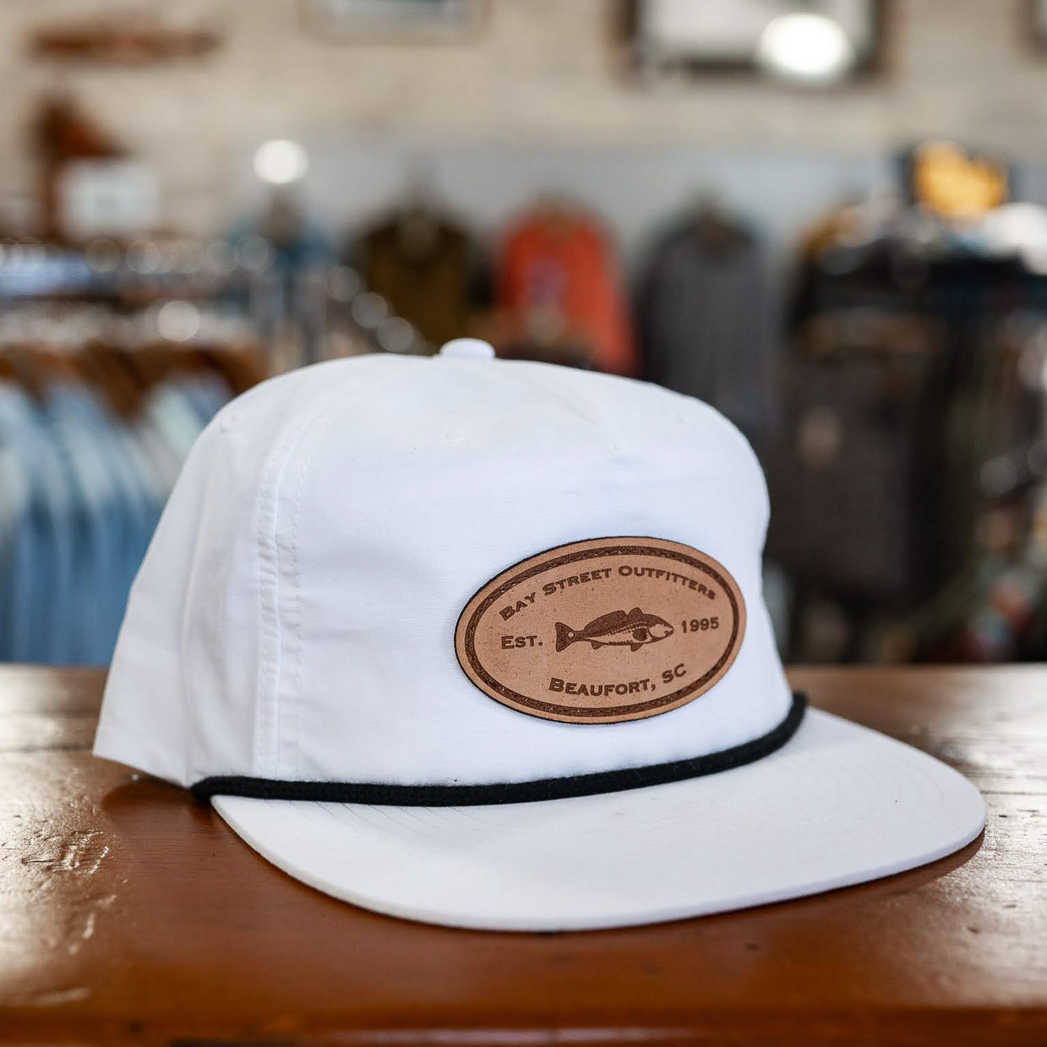 White and Black Redfish Leather Patch Rope Hat