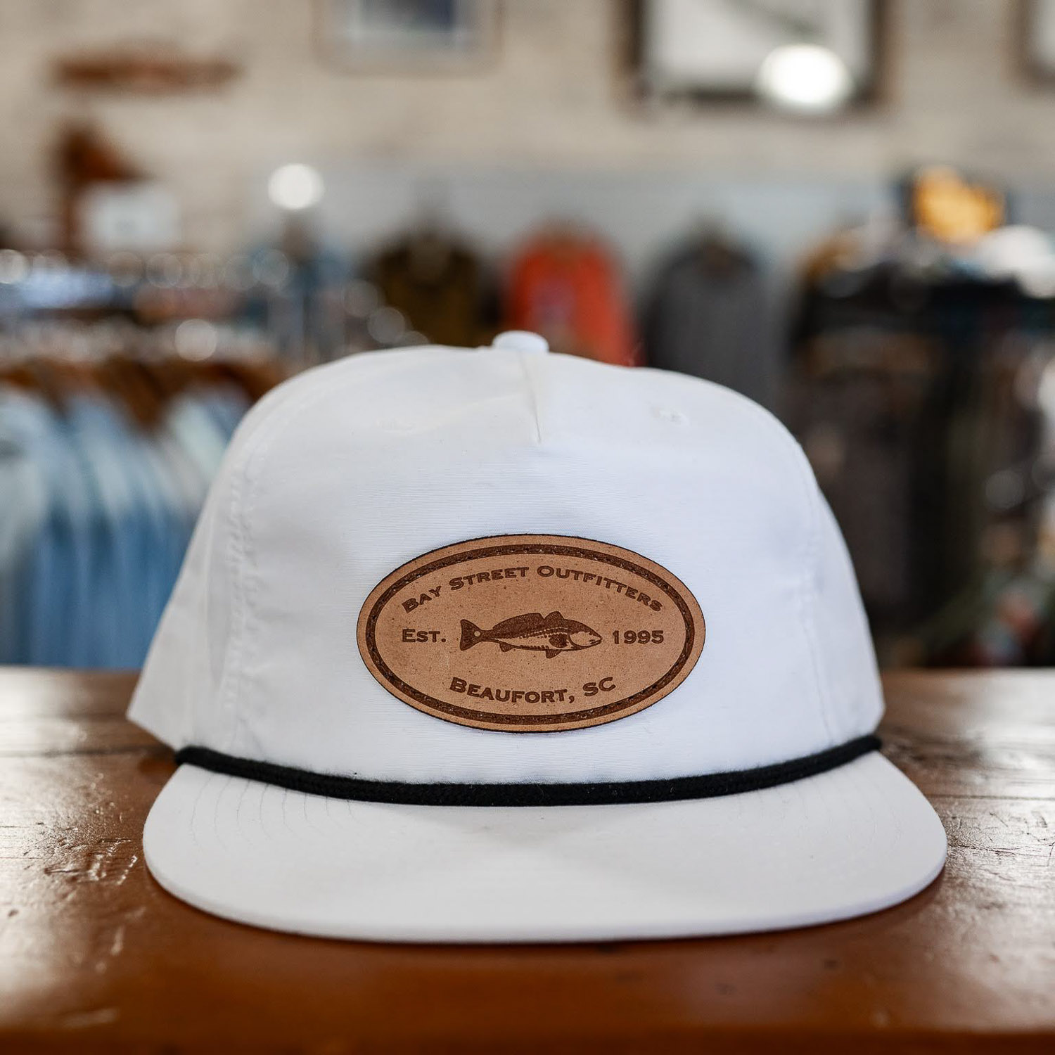 White and Black Redfish Leather Patch Rope Hat