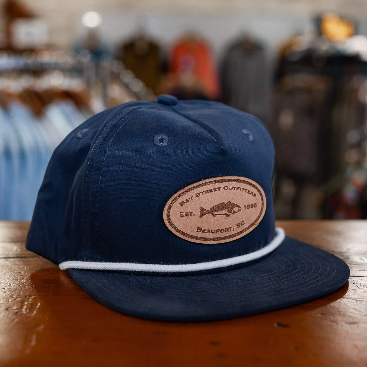 Navy and White Redfish Leather Patch Rope Hat