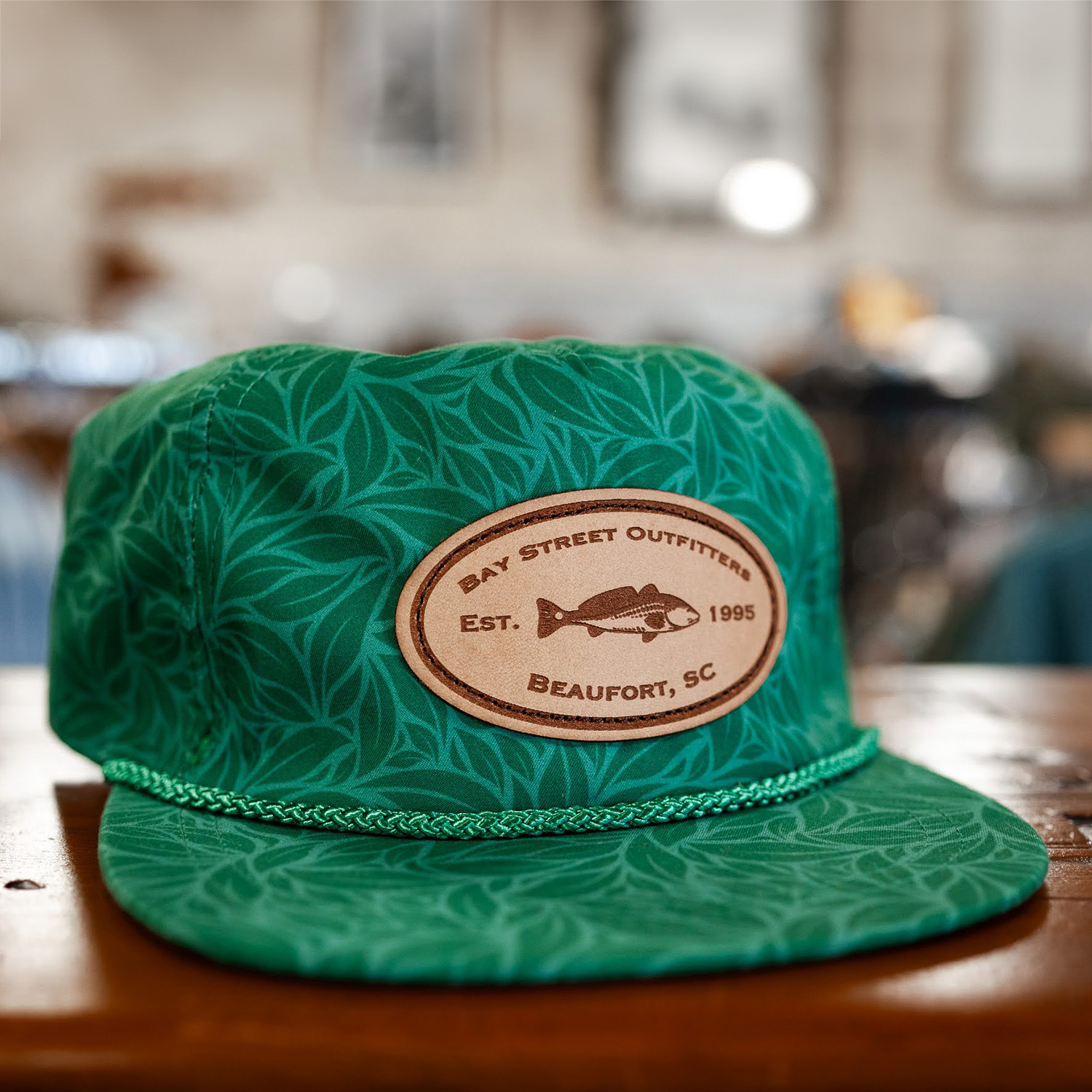 Green Floral Redfish Leather Patch Hat
