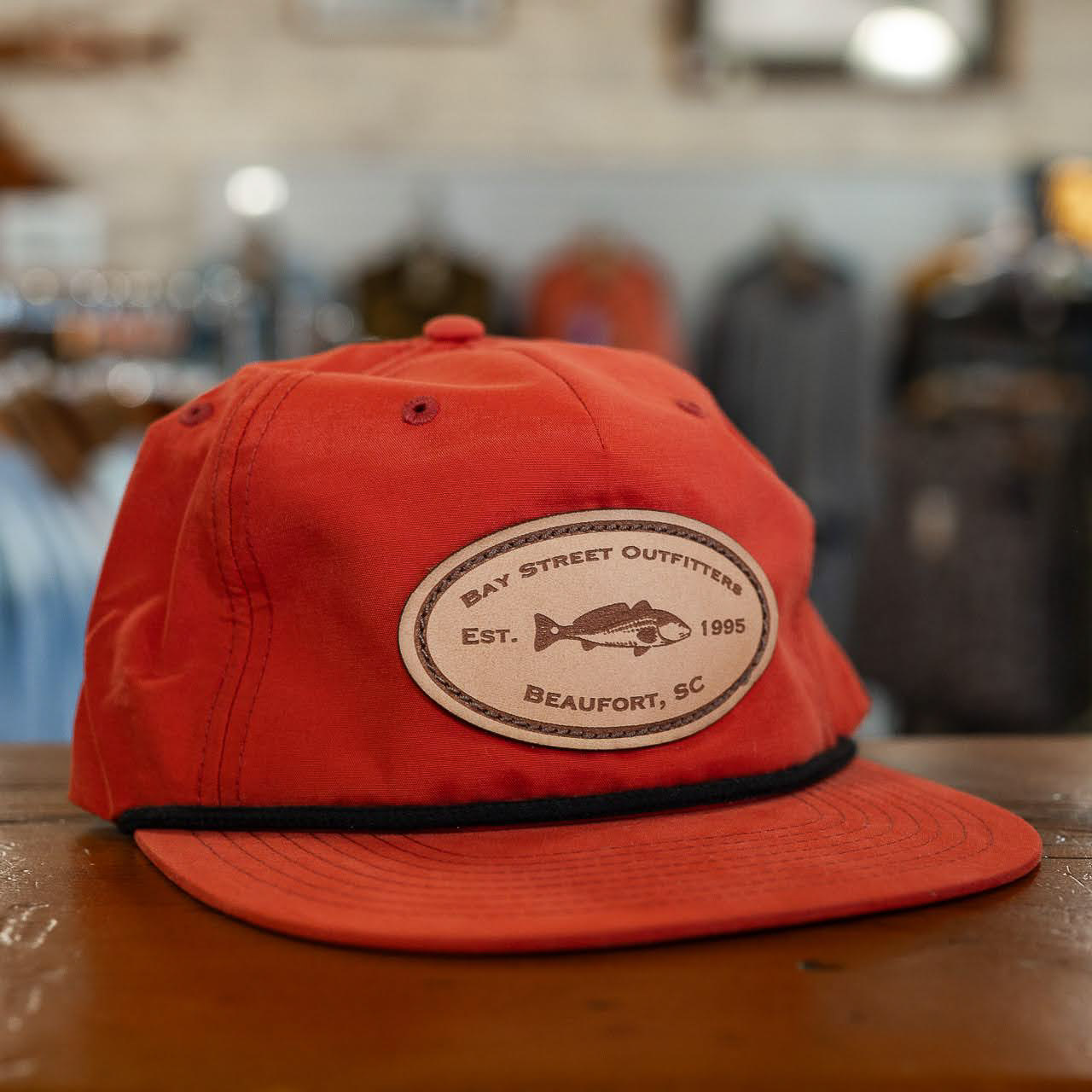 Dark Orange and Black Redfish Leather Patch Rope Hat