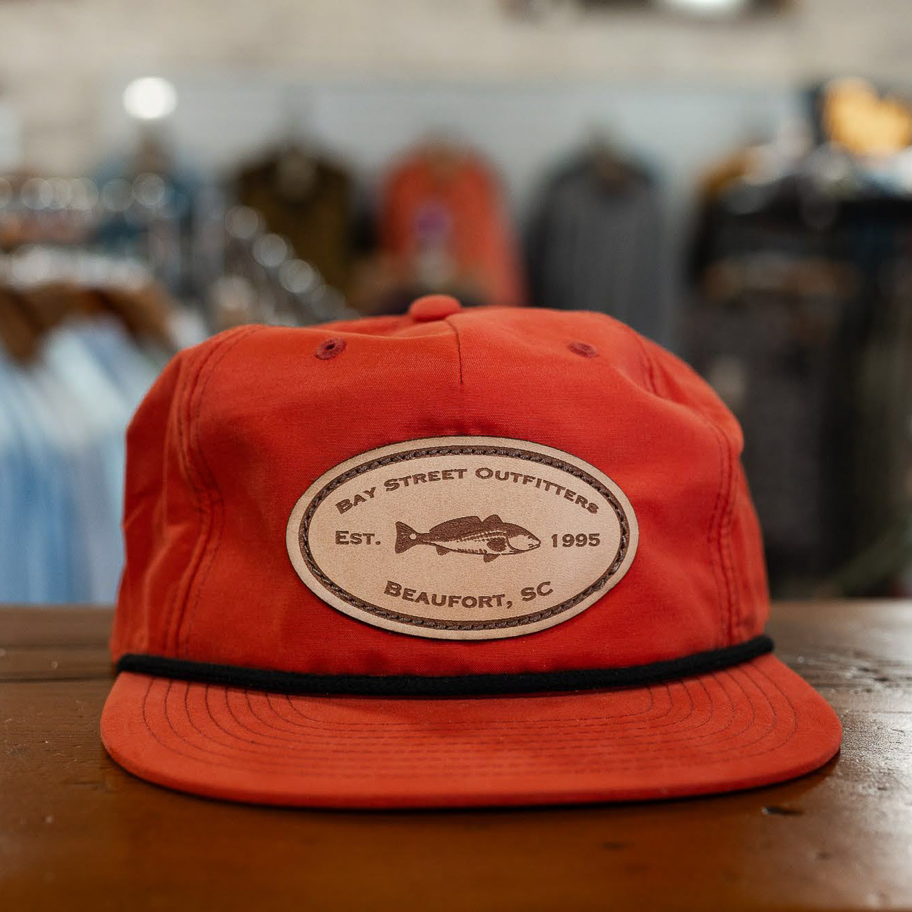Dark Orange and Black Redfish Leather Patch Rope Hat