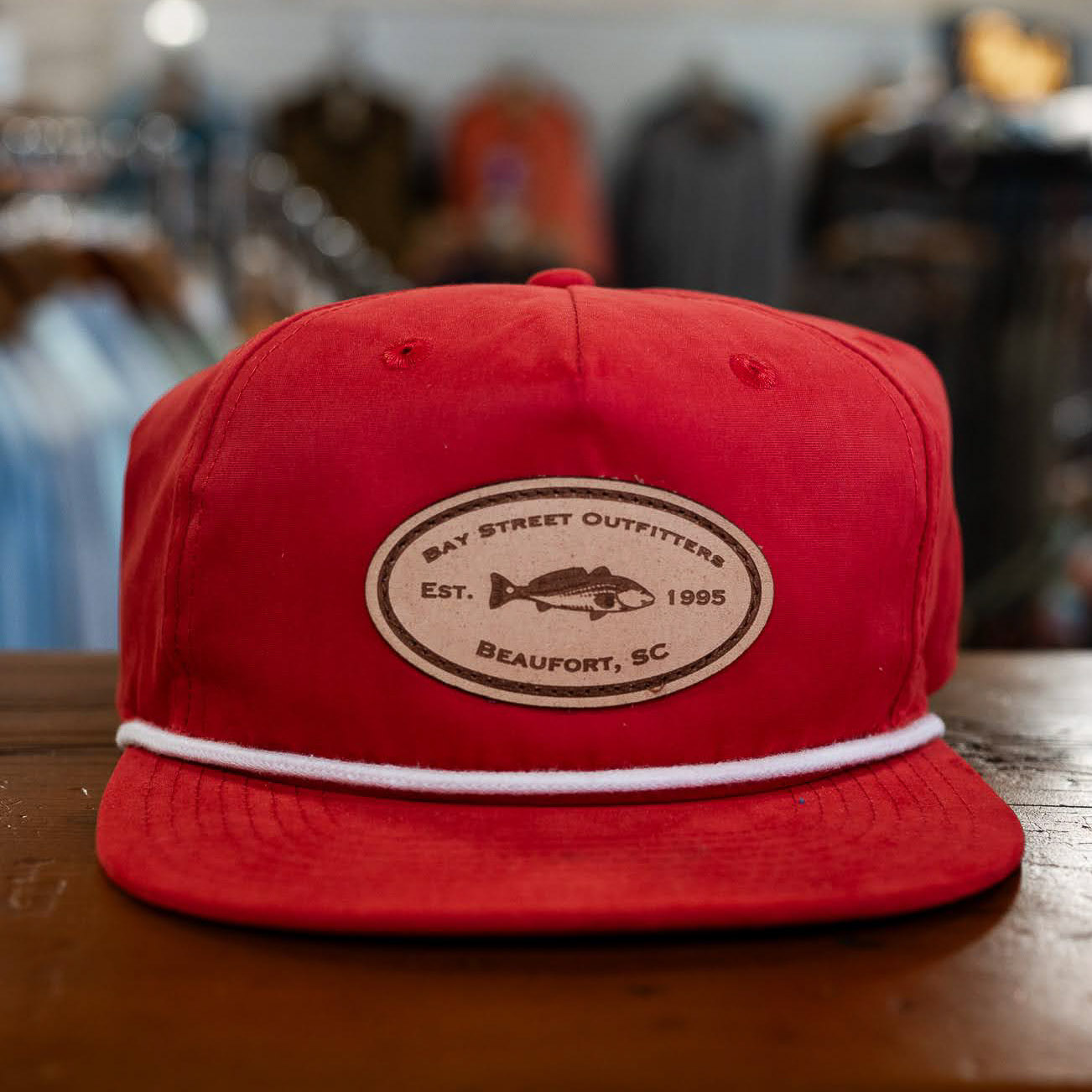 Red and White Redfish Leather Patch Rope Hat