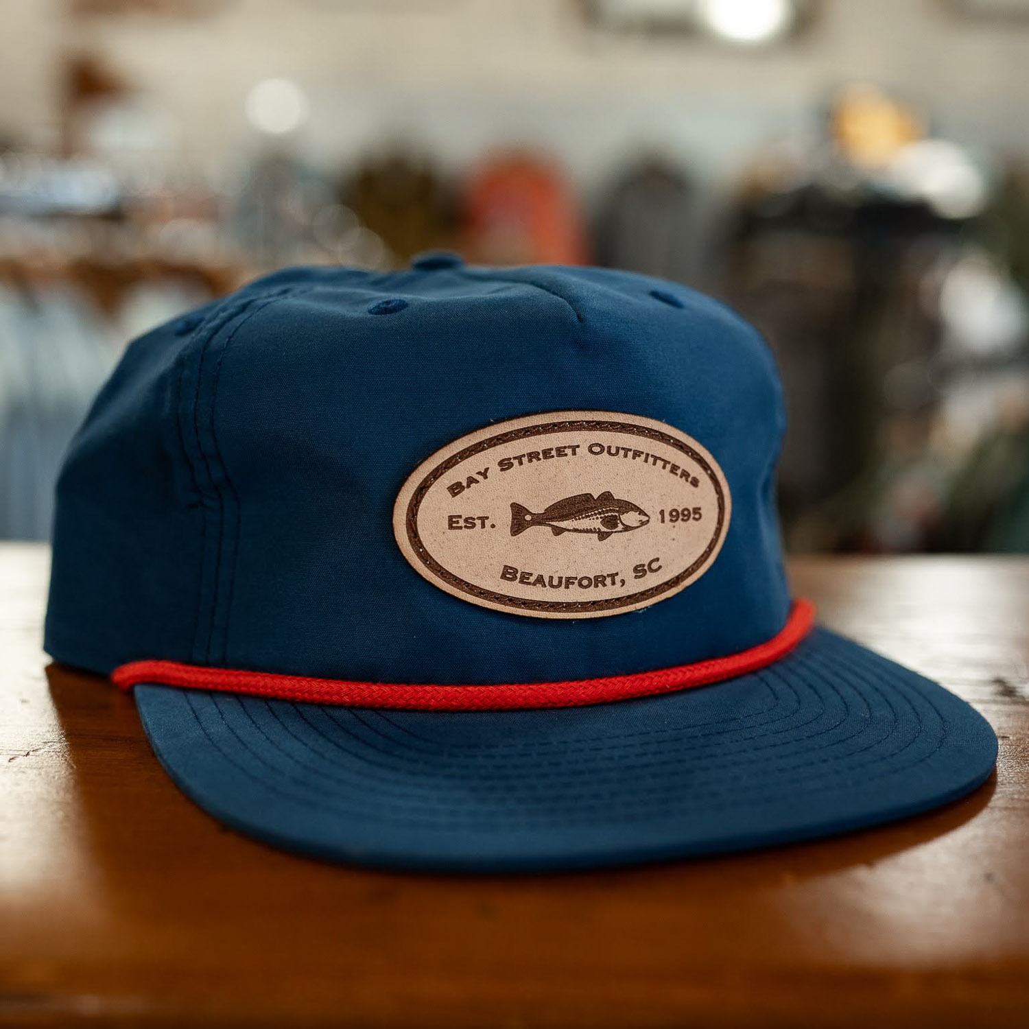 Navy and Red Redfish Leather Patch Rope Hat