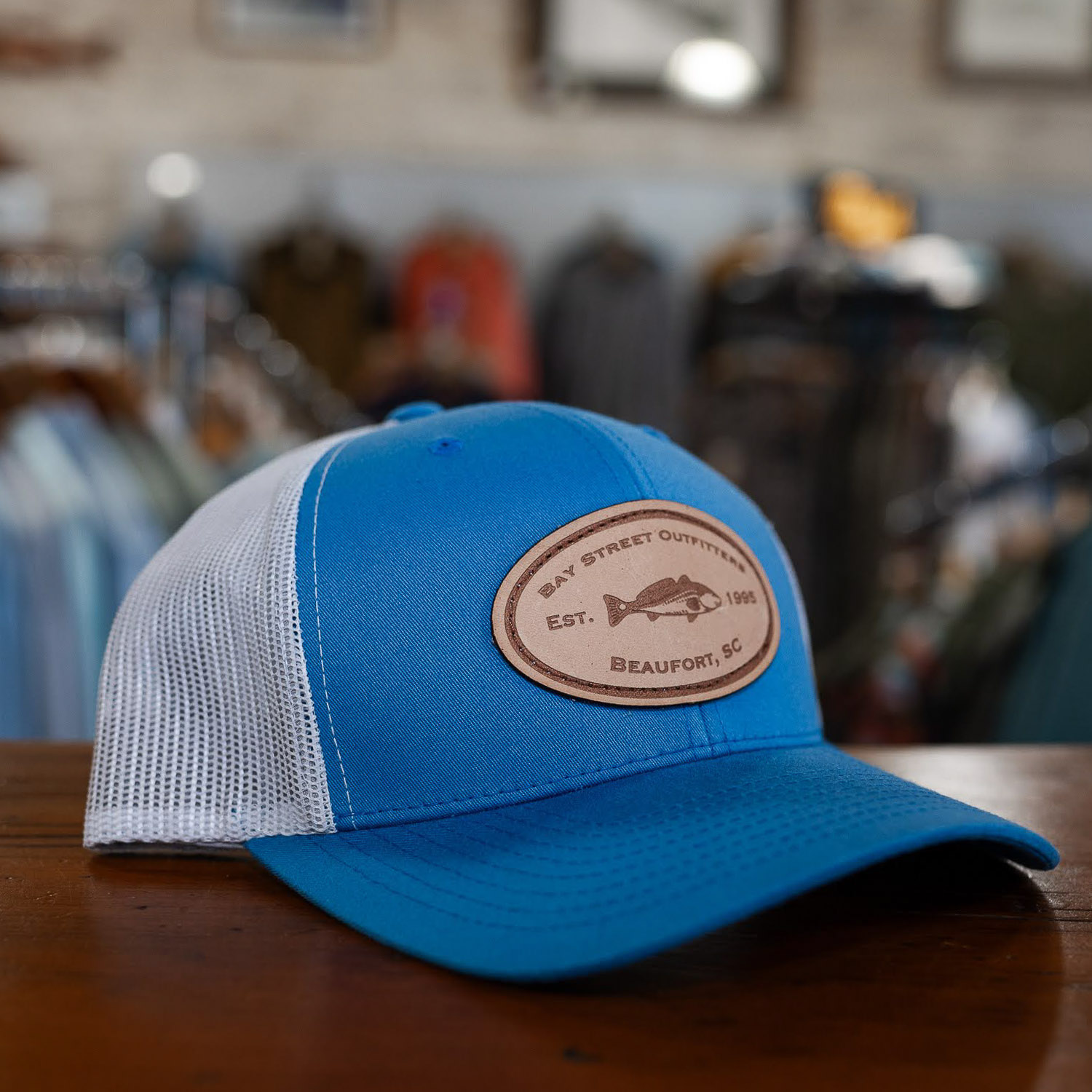 Steel Blue and Silver Redfish Leather Patch Trucker Hat