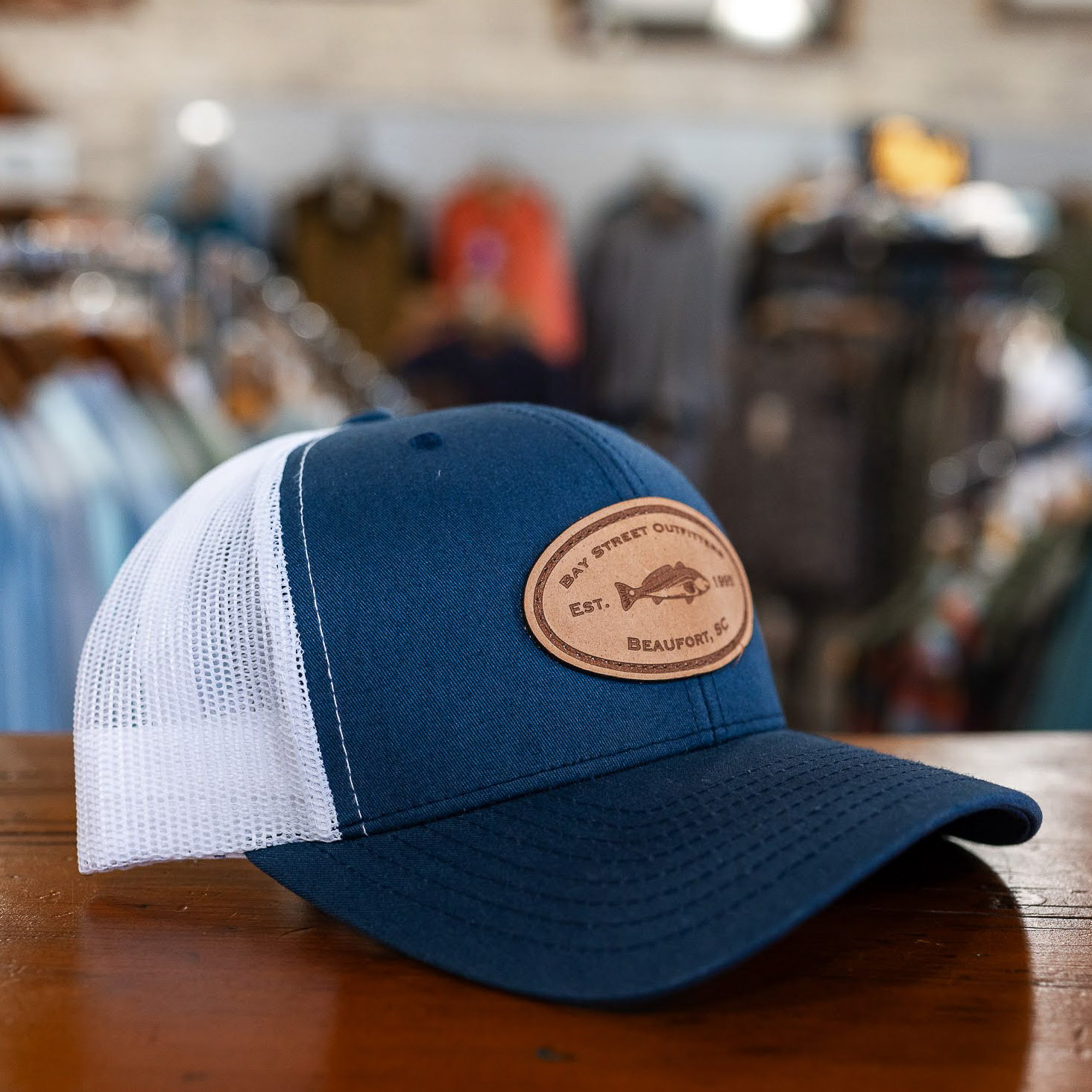 Navy and White Redfish Leather Patch Trucker Hat