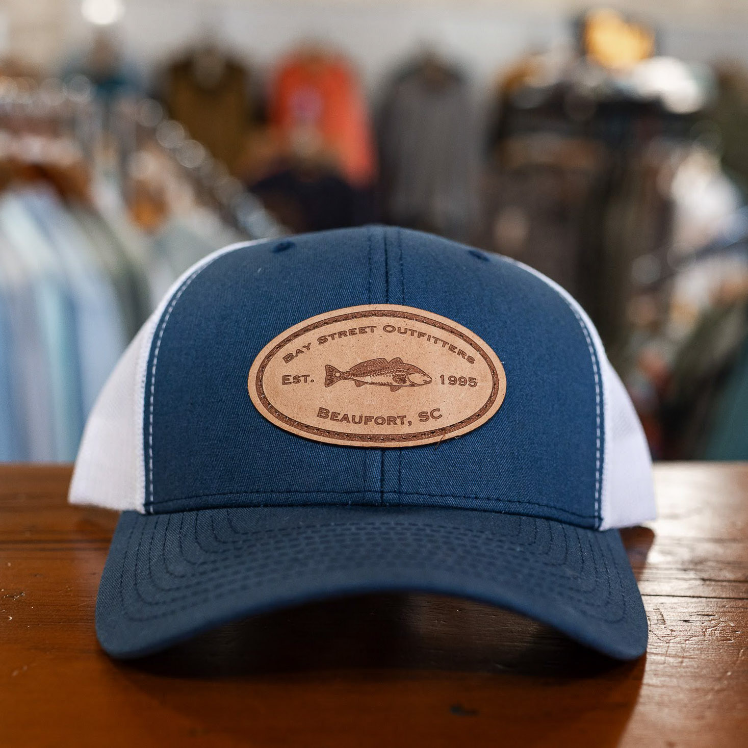 Navy and White Redfish Leather Patch Trucker Hat