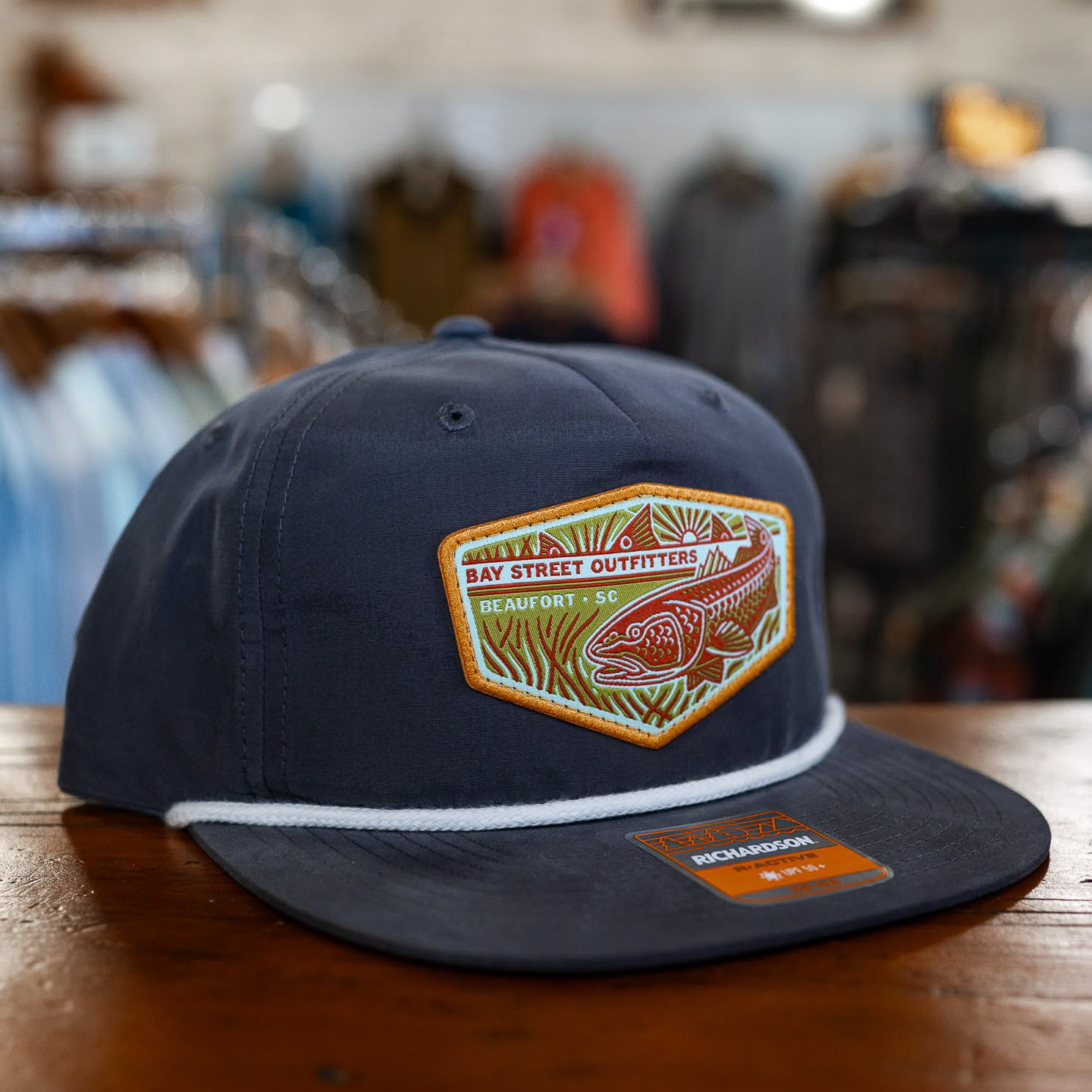 Navy and White Tailing Red Woven Patch Rope Hat