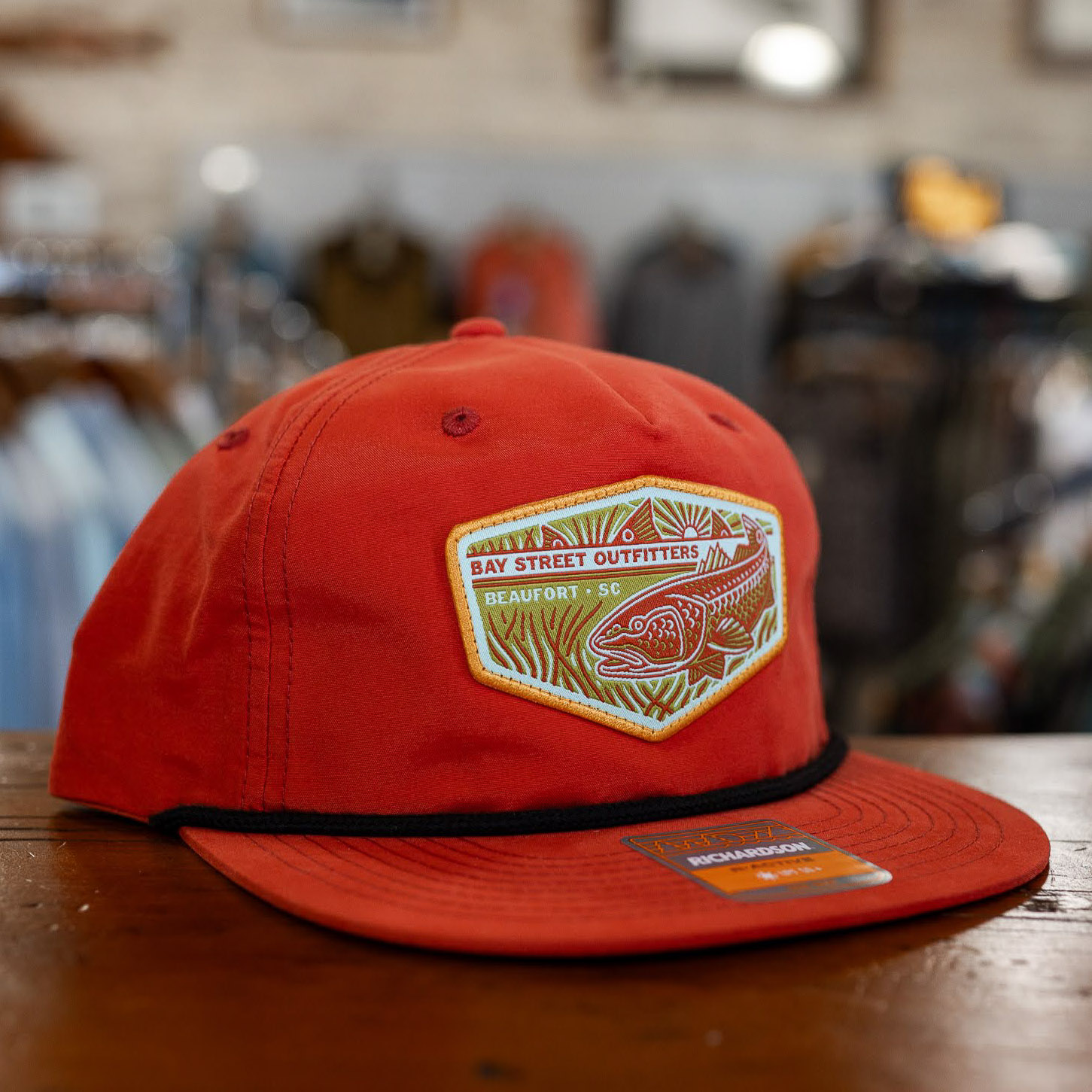 Dark Orange and Black Tailing Red Woven Patch Rope Hat