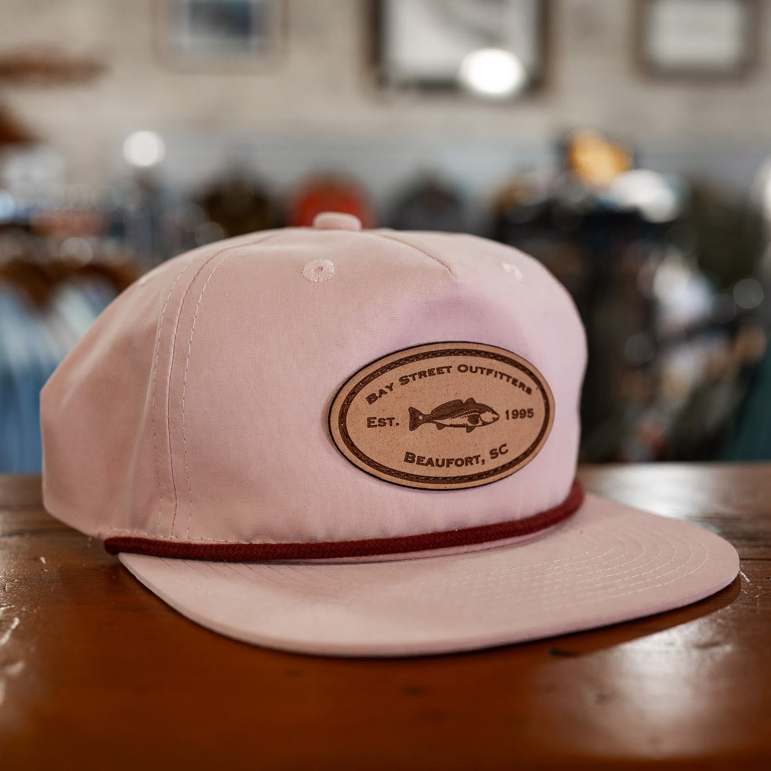 Peach and Maroon Redfish Leather Patch Rope Hat